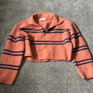Cropped V-Neck Stripe Sweater in Rust and Navy